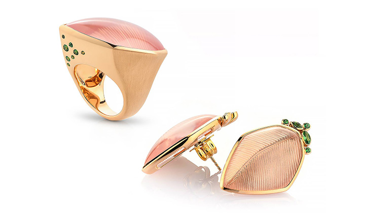 Ring and Earrings, Rose Gold, Rose Quartz engraved 'Leaf', with Tsavorites